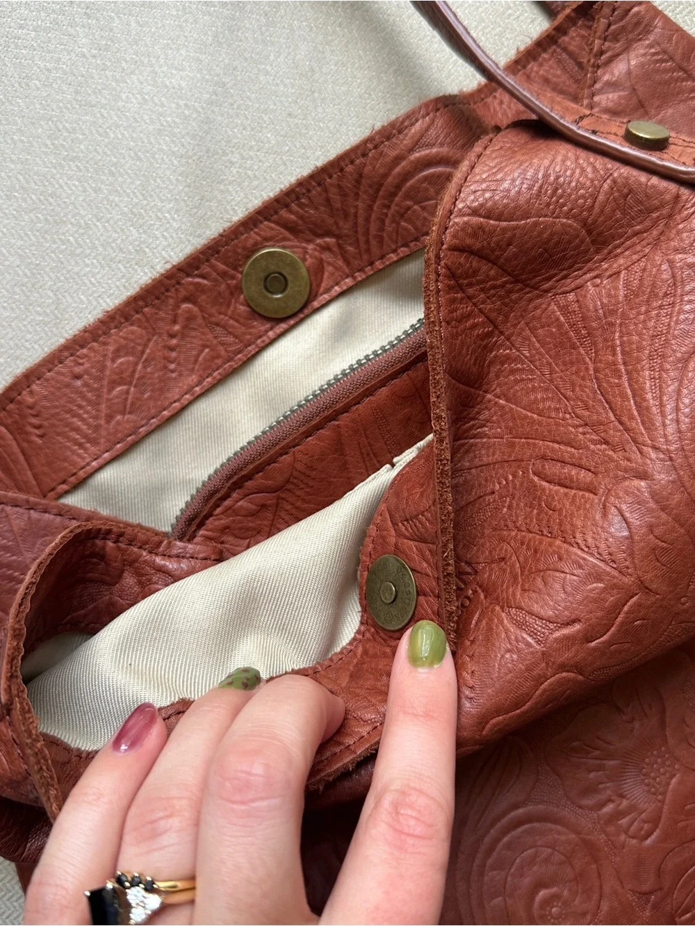Embossed Leather Shoulder Bag in Rich Chestnut